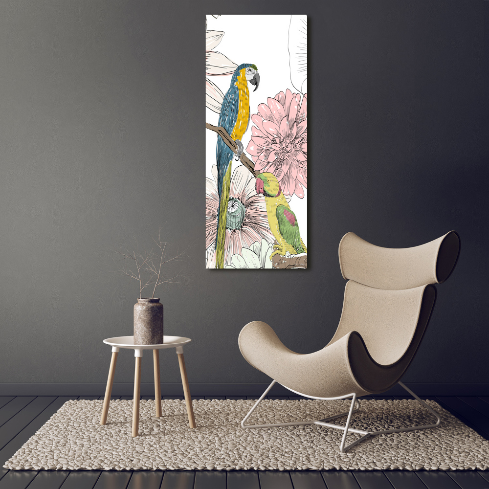 Vertikální Foto obraz na plátně Papoušci a květiny