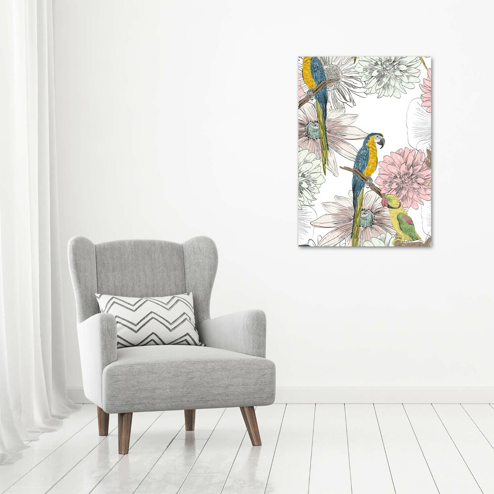 Vertikální Foto obraz na plátně Papoušci a květiny