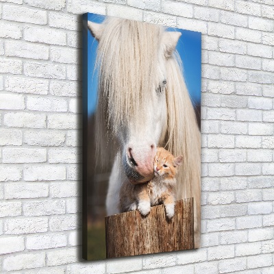 Vertikální Foto obraz na plátně Bílý kůň s kočkou