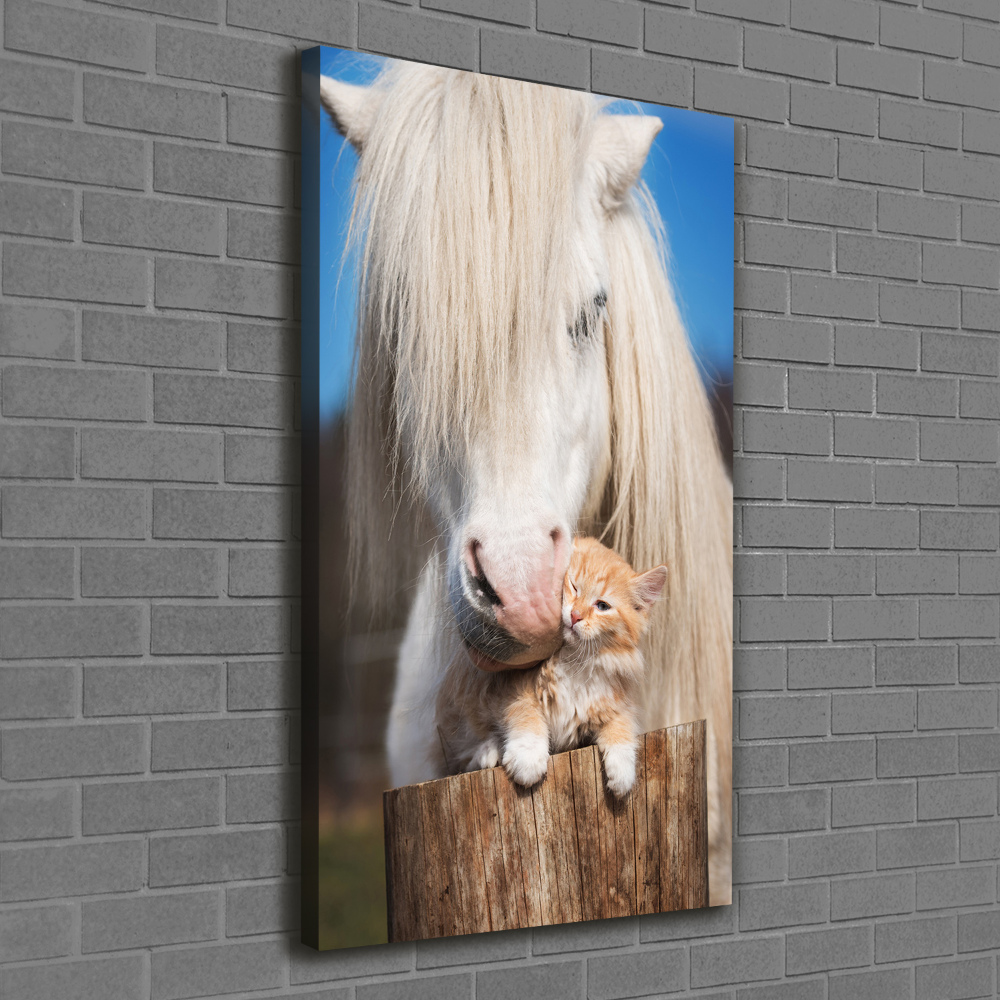 Vertikální Foto obraz na plátně Bílý kůň s kočkou