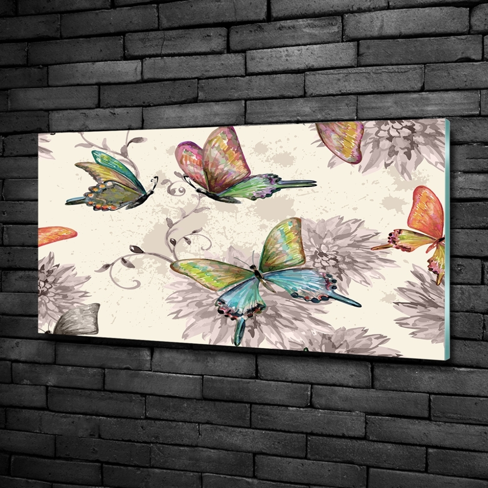 Foto obraz skleněný horizontální Motýli a květiny