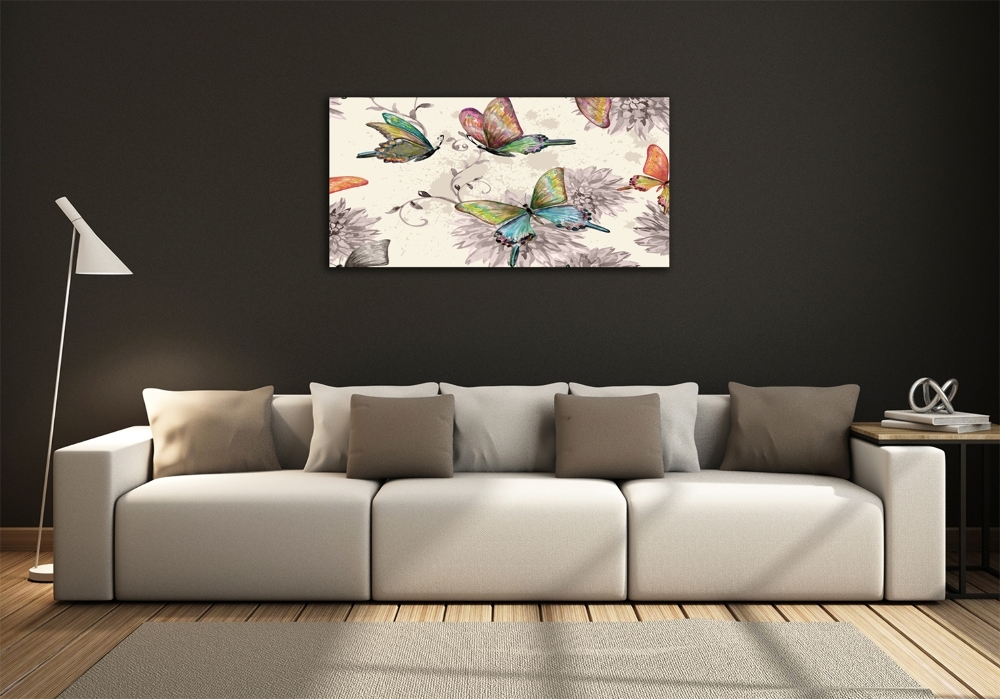 Foto obraz skleněný horizontální Motýli a květiny