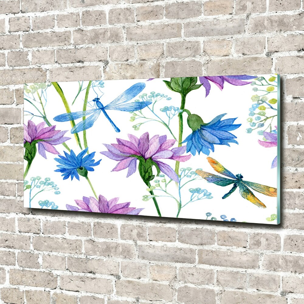 Foto obraz skleněný horizontální Květiny a vážky