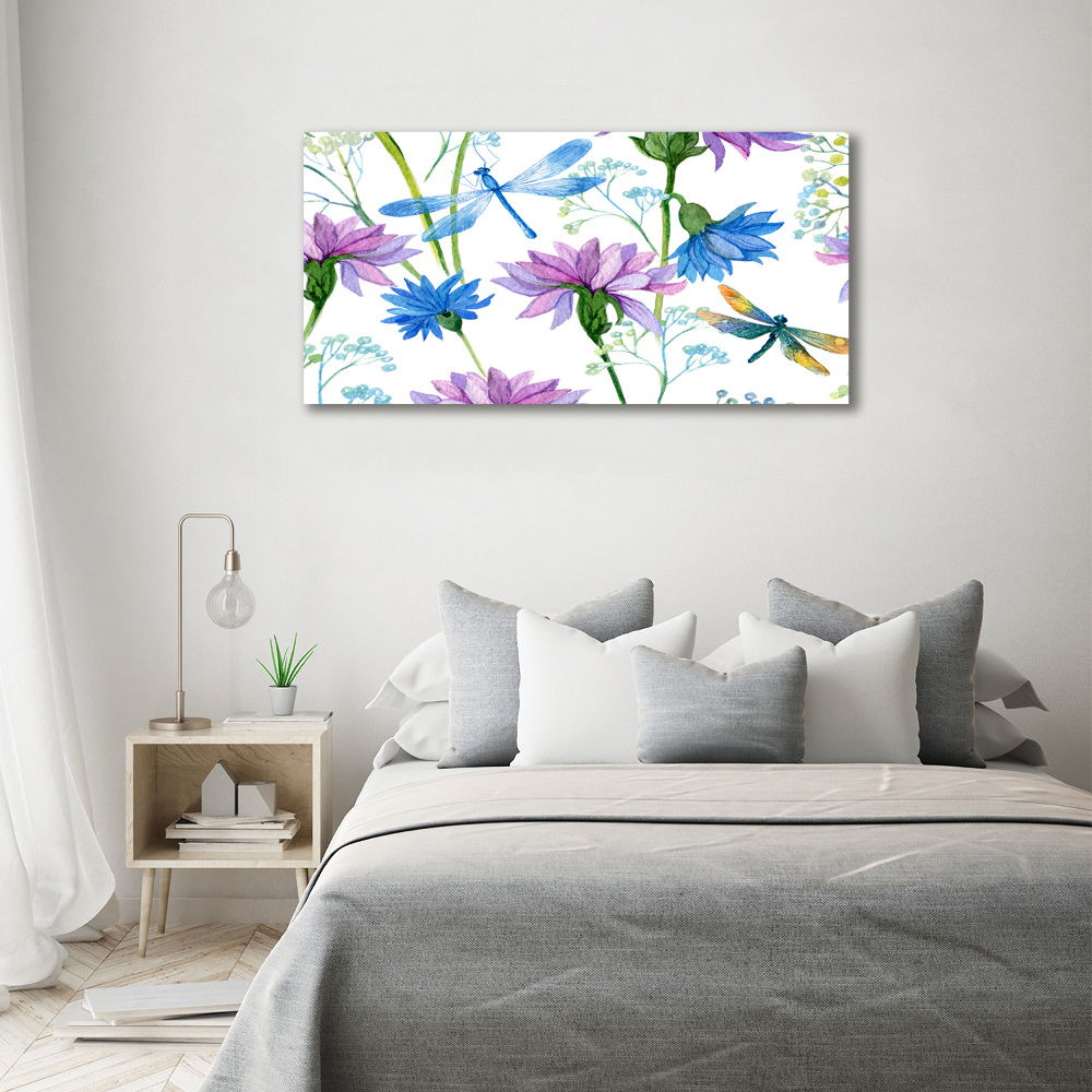 Foto obraz skleněný horizontální Květiny a vážky