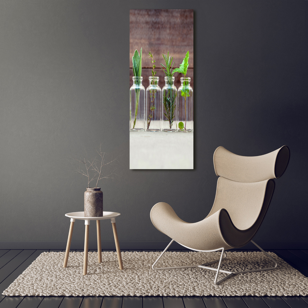 Vertikální Foto obraz skleněný svislý Bylinky ve sklenicích