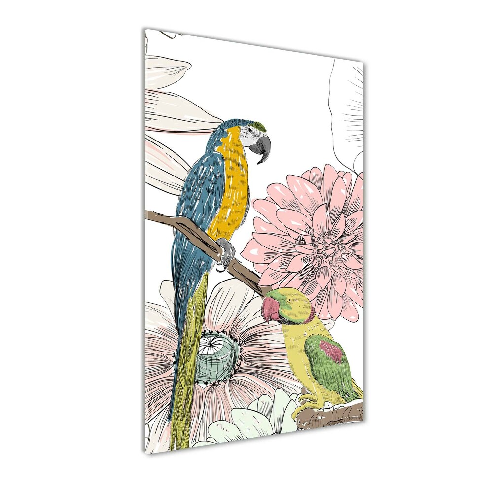 Vertikální Fotoobraz na skle Papoušci a květiny