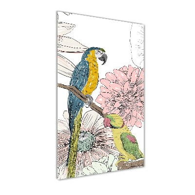 Vertikální Fotoobraz na skle Papoušci a květiny
