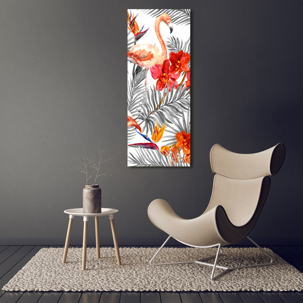 Vertikální Fotoobraz na skle Plameňáci a květiny