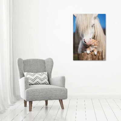 Vertikální Fotoobraz na skle Bílý kůň s kočkou