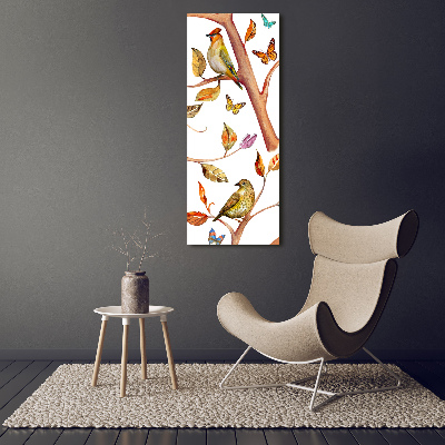 Vertikální Fotoobraz na skle Ptáci motýli listí