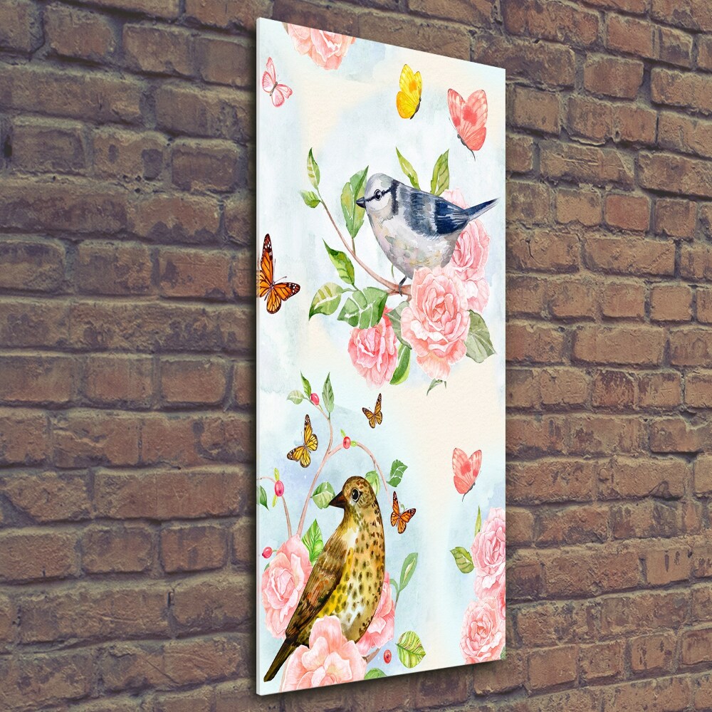 Vertikální Fotoobraz na skle Ptáci motýli růže