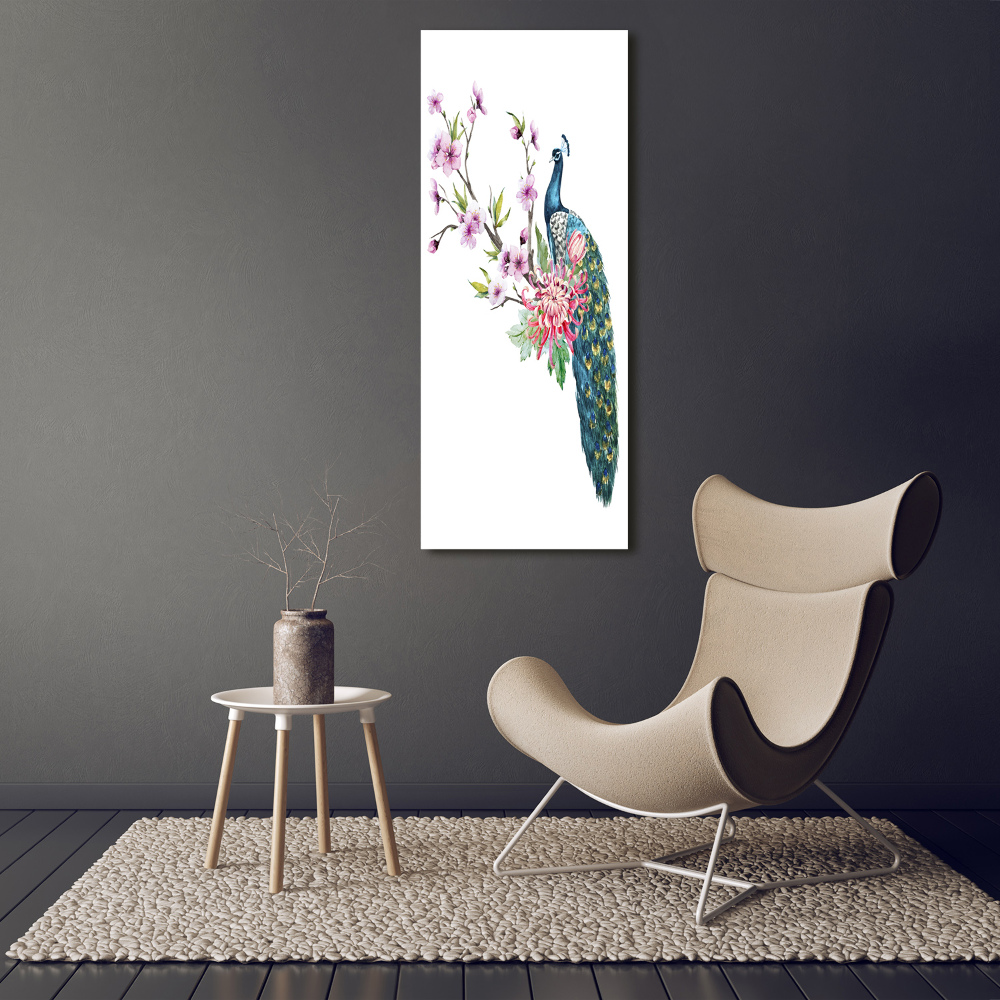 Vertikální Foto obraz sklo tvrzené Páv a květiny