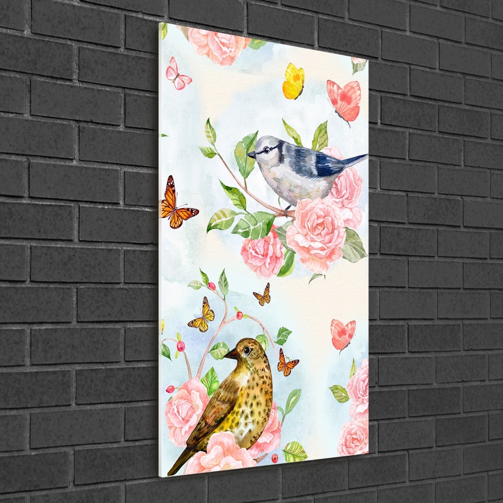 Vertikální Fotoobraz na skle Ptáci motýli květiny