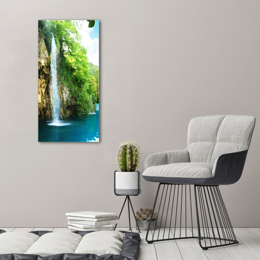 Vertikální Foto obraz skleněný svislý Vodopád v lese
