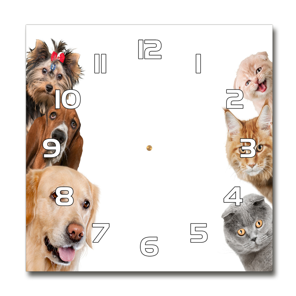 Skleněné hodiny čtverec Psi a kočky