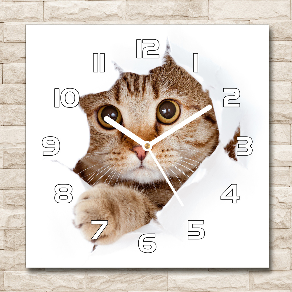Skleněné nástěnné hodiny čtverec Kočka