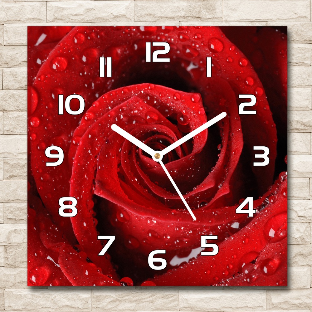 Skleněné hodiny čtverec Kapky na růži