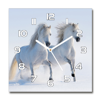 Skleněné hodiny čtverec Dva koně ve sněhu