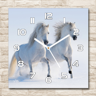 Skleněné hodiny čtverec Dva koně ve sněhu