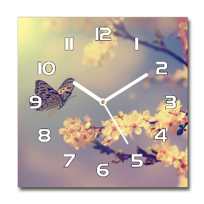Skleněné hodiny čtverec Květ višně a motýl