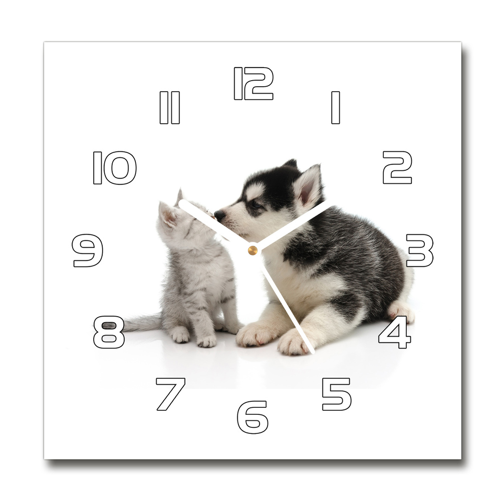 Skleněné hodiny čtverec Pes a kočka