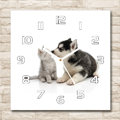 Skleněné hodiny čtverec Pes a kočka