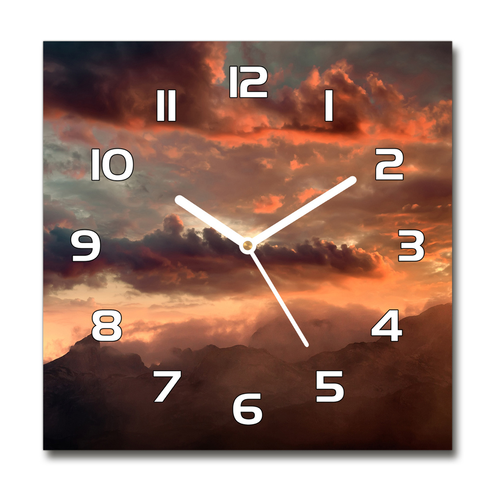 Skleněné hodiny na stěnu Západ slunce hory