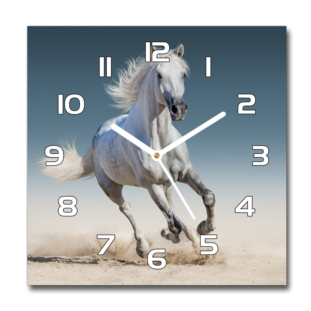 Skleněné hodiny čtverec Bílý kůň ve cvalu