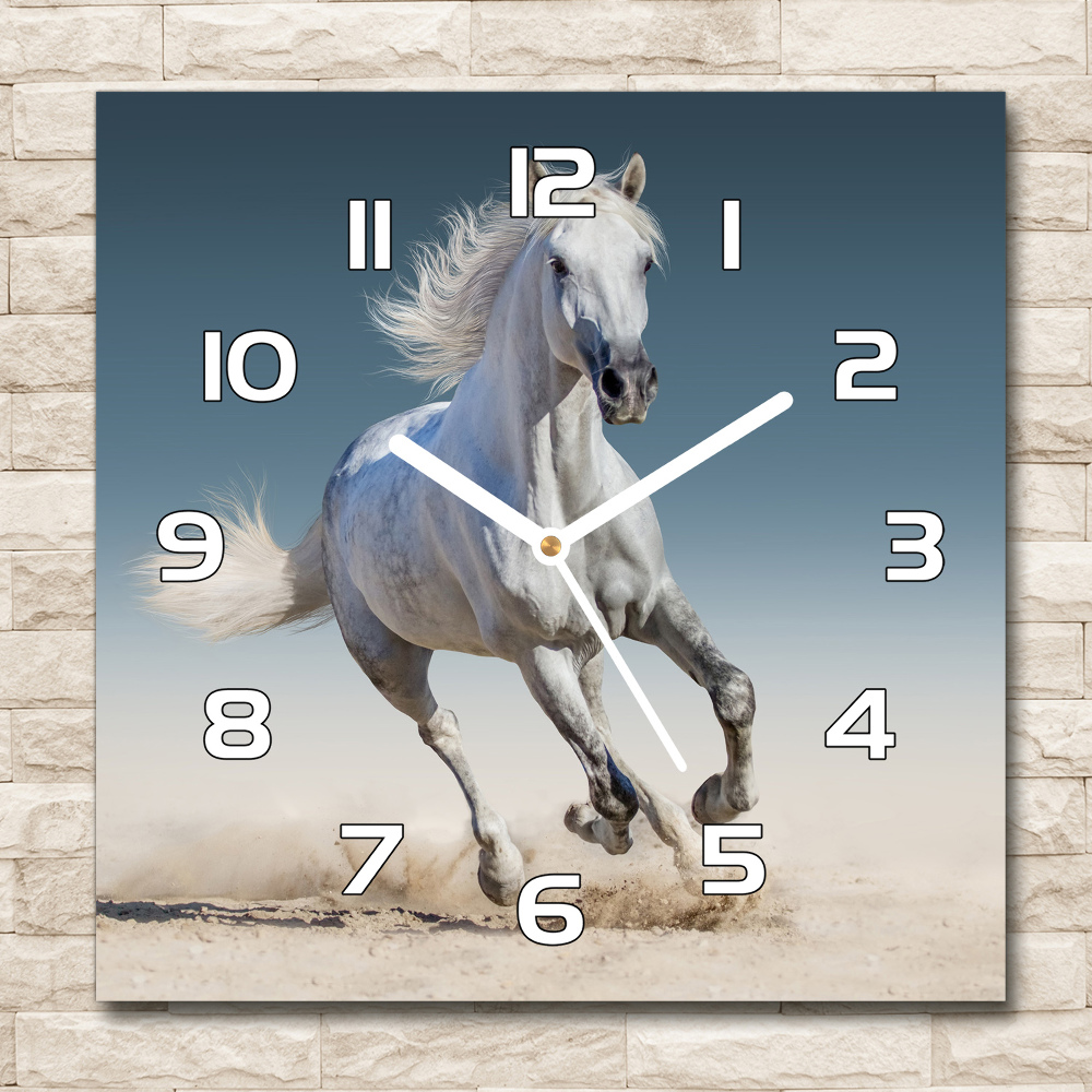 Skleněné hodiny čtverec Bílý kůň ve cvalu