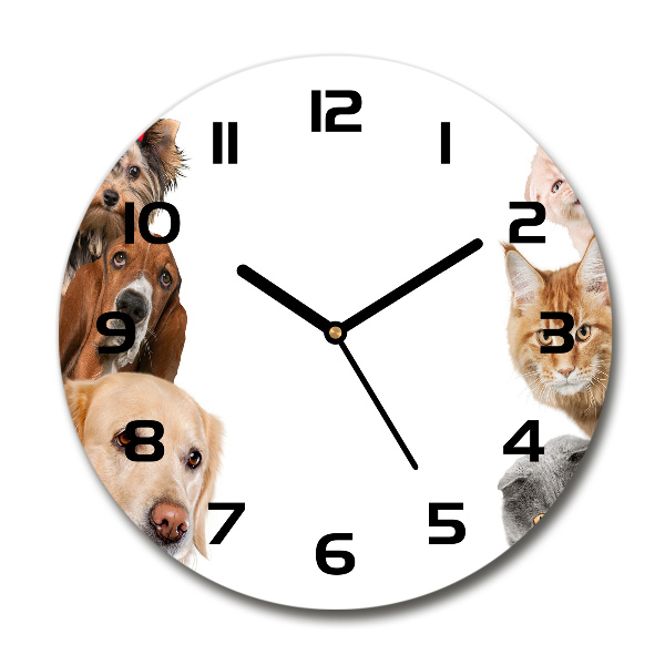 Skleněné hodiny kulaté Psi a kočky