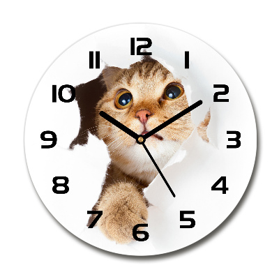 Skleněné hodiny kulaté Kočka v díře