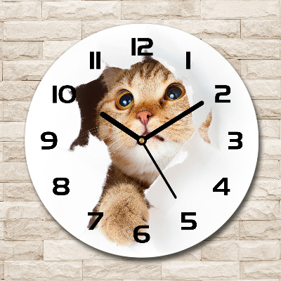 Skleněné hodiny kulaté Kočka v díře