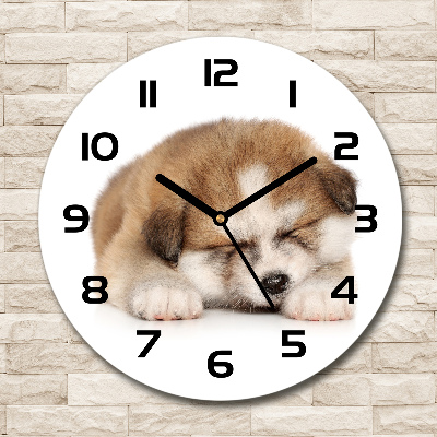 Skleněné hodiny kulaté Štěně Akita