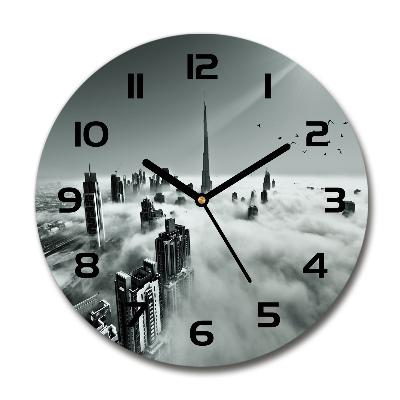 Skleněné hodiny kulaté Mlha nad Dubajem