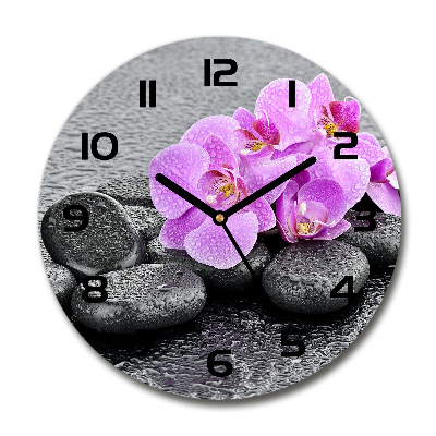Skleněné hodiny kulaté Orchidej a kamení