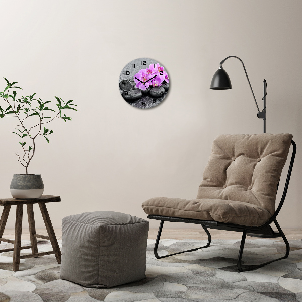 Skleněné hodiny kulaté Orchidej a kamení
