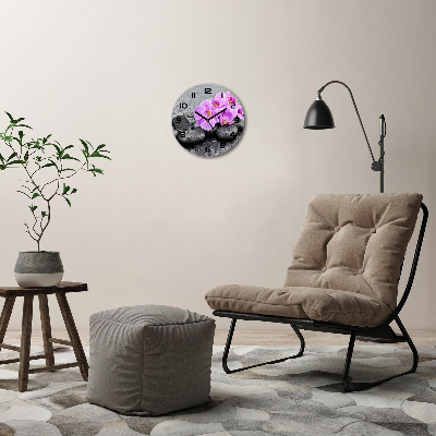 Skleněné hodiny kulaté Orchidej a kamení