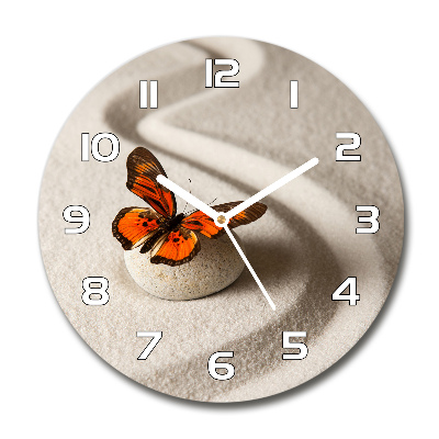 Skleněné hodiny kulaté Kámen zen a motýl