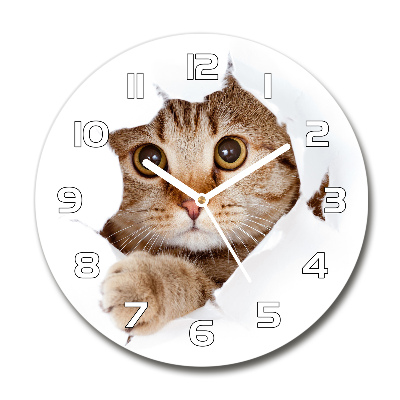 Skleněné nástěnné hodiny kulaté Kočka