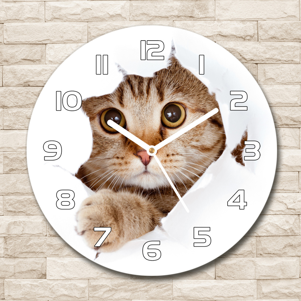 Skleněné nástěnné hodiny kulaté Kočka