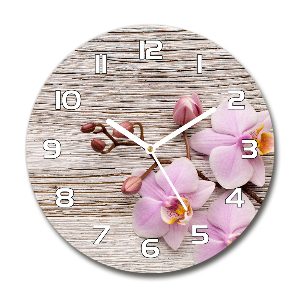 Skleněné hodiny kulaté Orchidej na dřevě