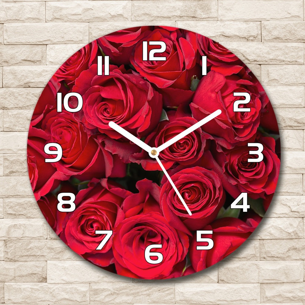 Skleněné hodiny kulaté Červené růže