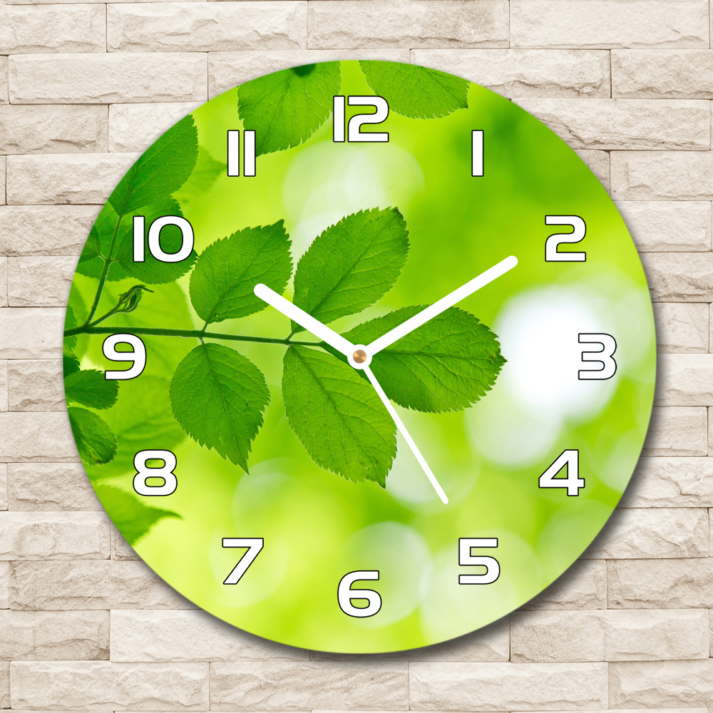 Skleněné hodiny kulaté Zelená listí