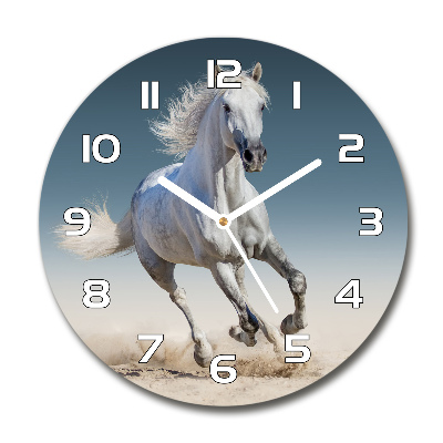 Skleněné hodiny kulaté Bílý kůň ve cvalu