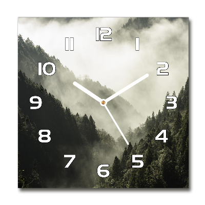 Skleněné hodiny na stěnu Mlha nad lesem