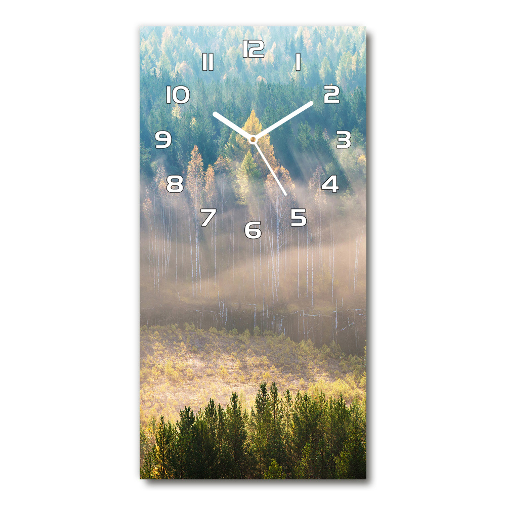 Nástěnné skleněné hodiny Mlha nad lesem