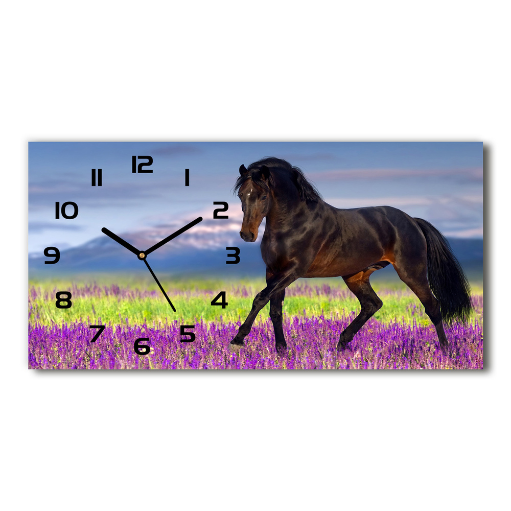 Skleněné hodiny na stěnu Kůň na poli levandule