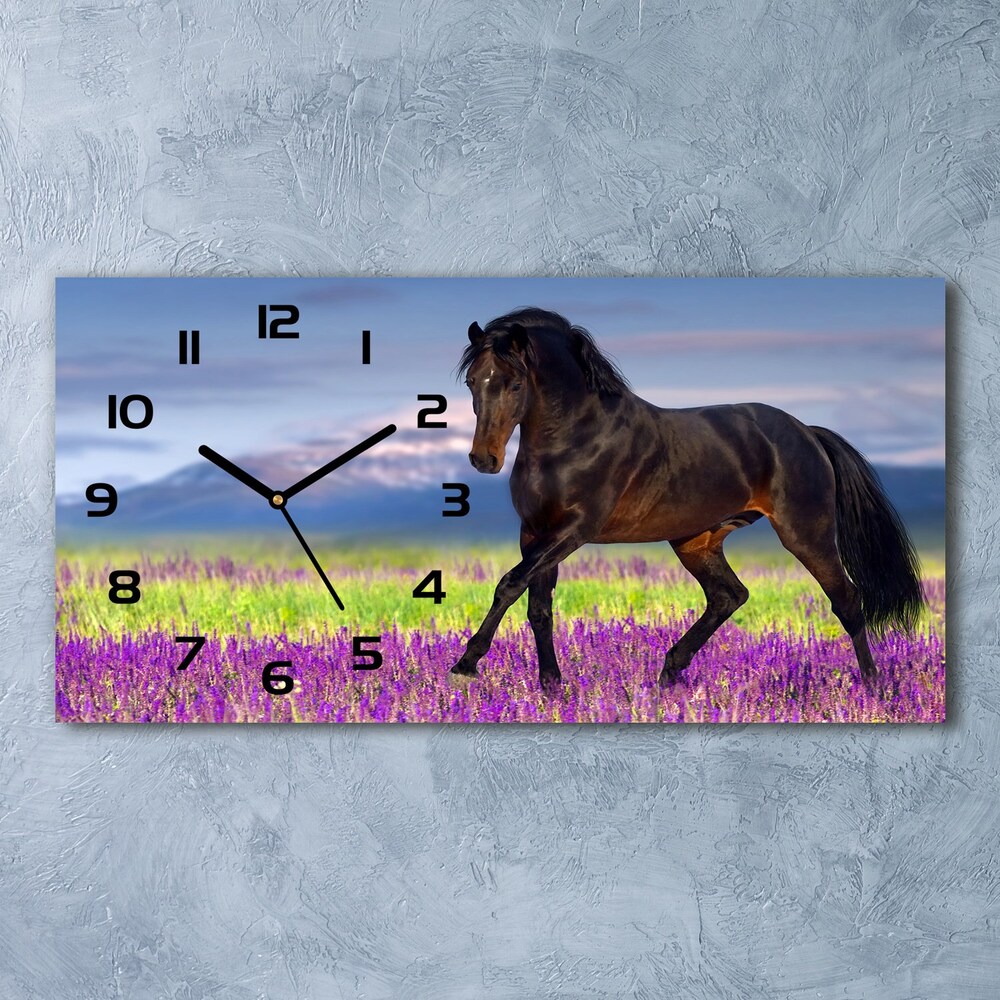 Skleněné hodiny na stěnu Kůň na poli levandule