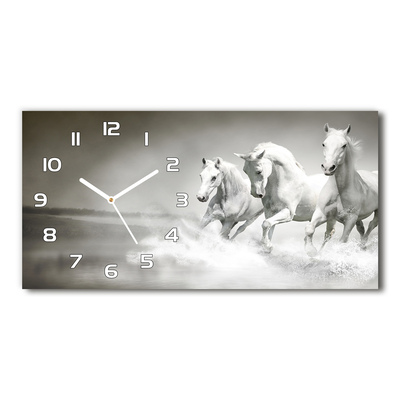 Moderní skleněné hodiny na stěnu Bílí koně