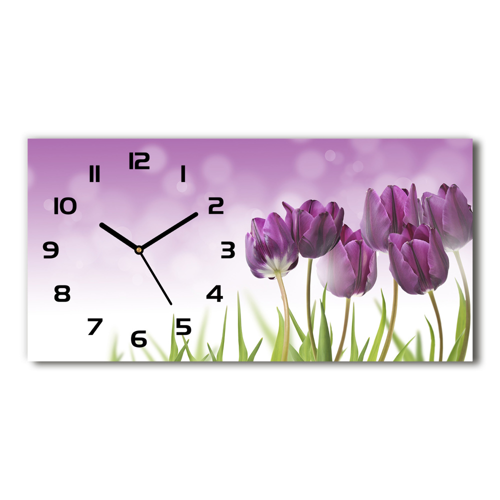 Skleněné hodiny na stěnu Fialové tulipány